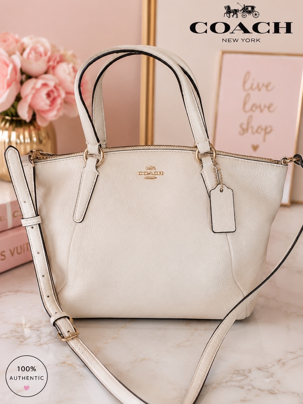 COACH Pebble Leather Small Kelsey Satchel Crossbody Chalk White